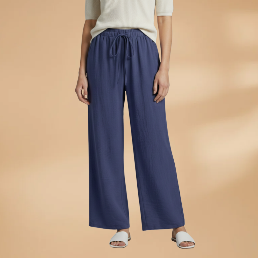 Women’s navy blue relaxed linen wide-leg trousers with drawstring elastic waist
