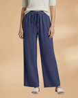 Women’s navy blue relaxed linen wide-leg trousers with drawstring elastic waist
