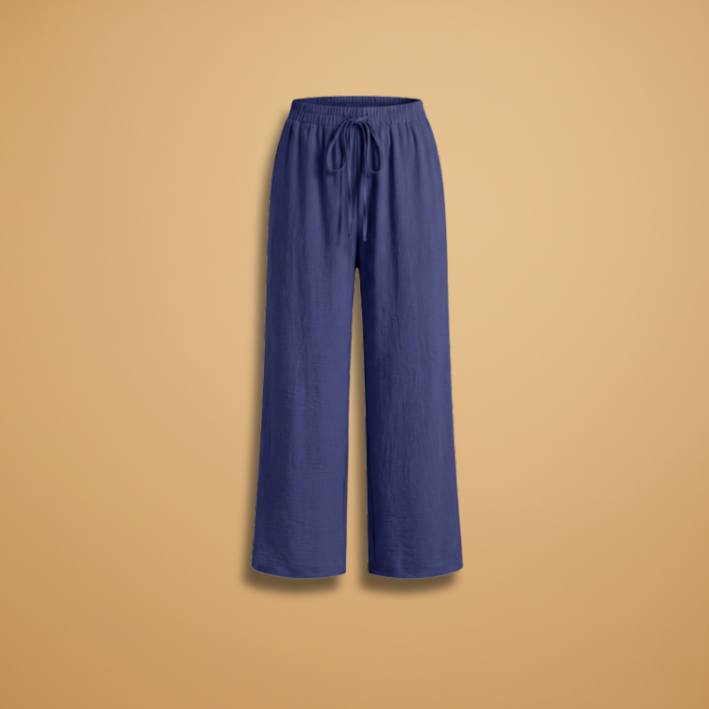 Relaxed linen wide-leg trousers, navy blue, elastic waist and drawstring