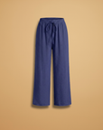 Relaxed linen wide-leg trousers, navy blue, elastic waist and drawstring