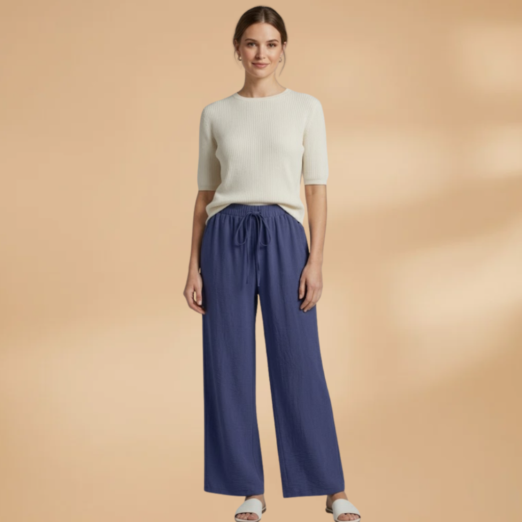 Women’s navy blue wide-leg linen trousers with elastic drawstring waist