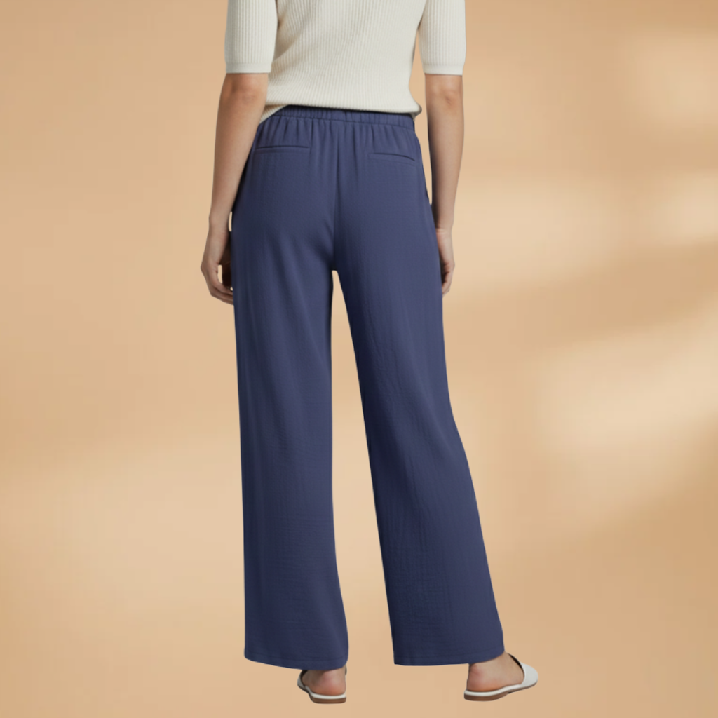 Women’s navy blue wide-leg linen trousers, front view, elastic drawstring waist