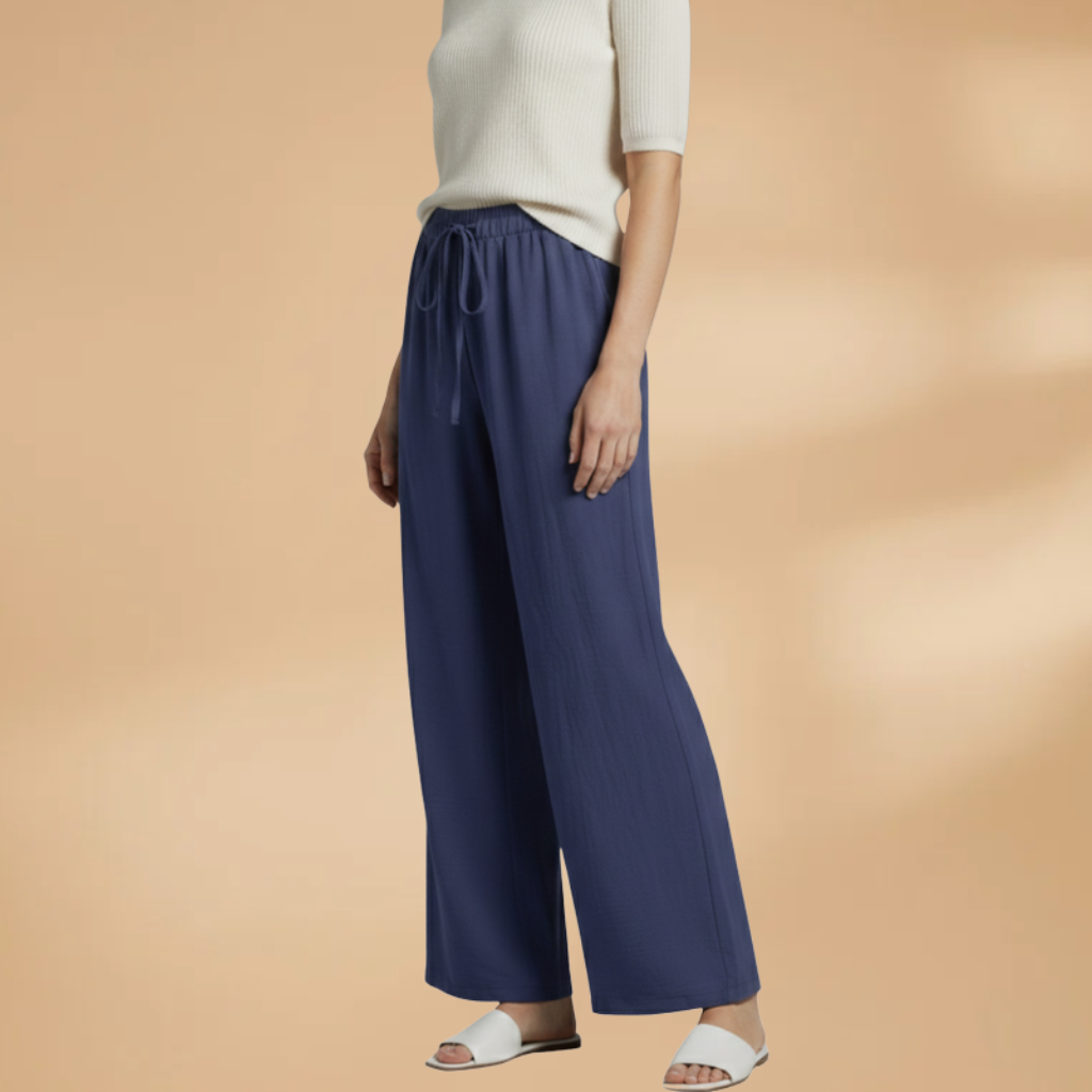 Women’s navy blue wide-leg linen trousers, back view, elastic drawstring waist