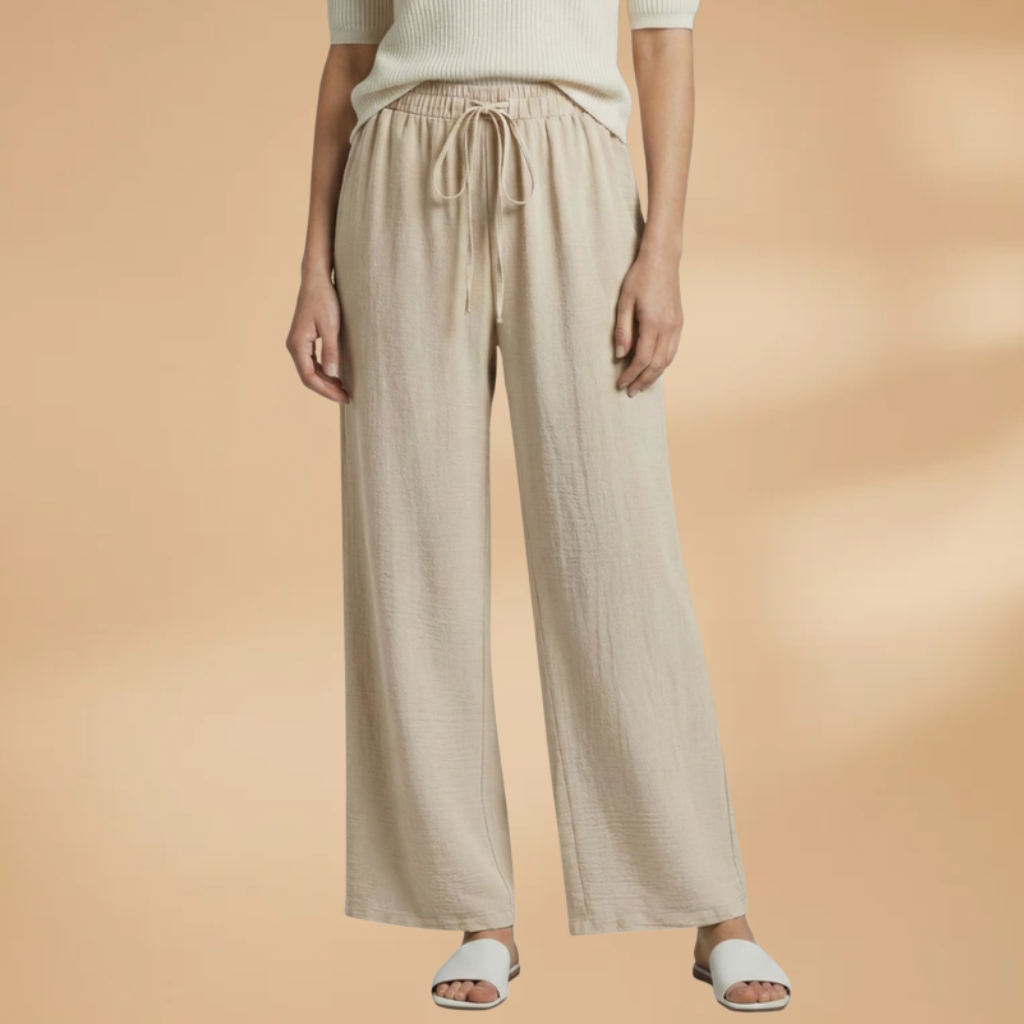 Women’s beige relaxed linen wide-leg trousers with elastic drawstring waist