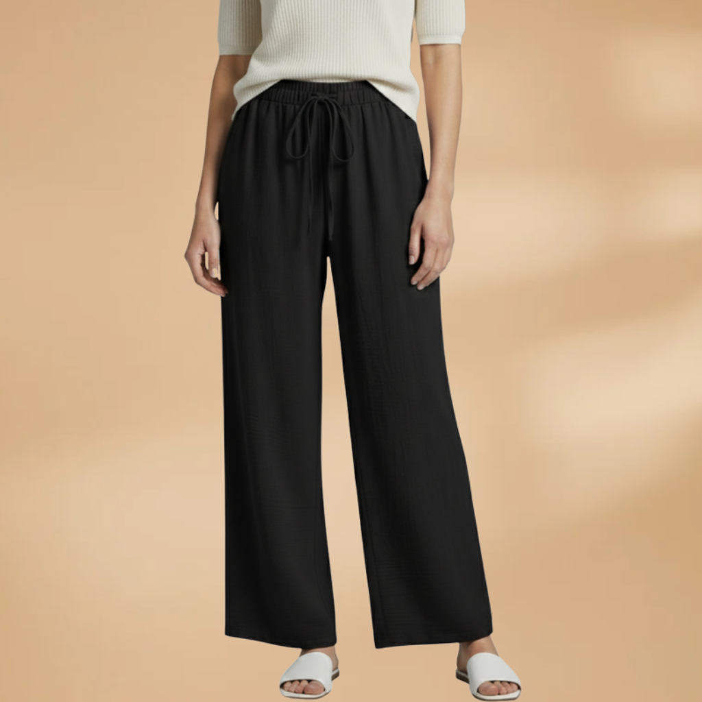 Women’s black relaxed linen wide-leg trousers with elastic drawstring waist