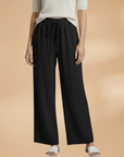 Women’s black relaxed linen wide-leg trousers with elastic drawstring waist
