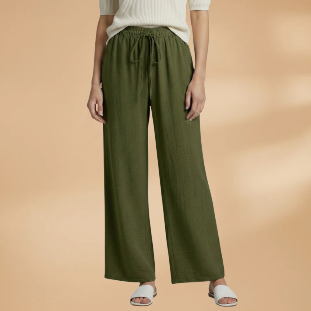 Women’s green relaxed linen wide-leg trousers with elastic drawstring waist