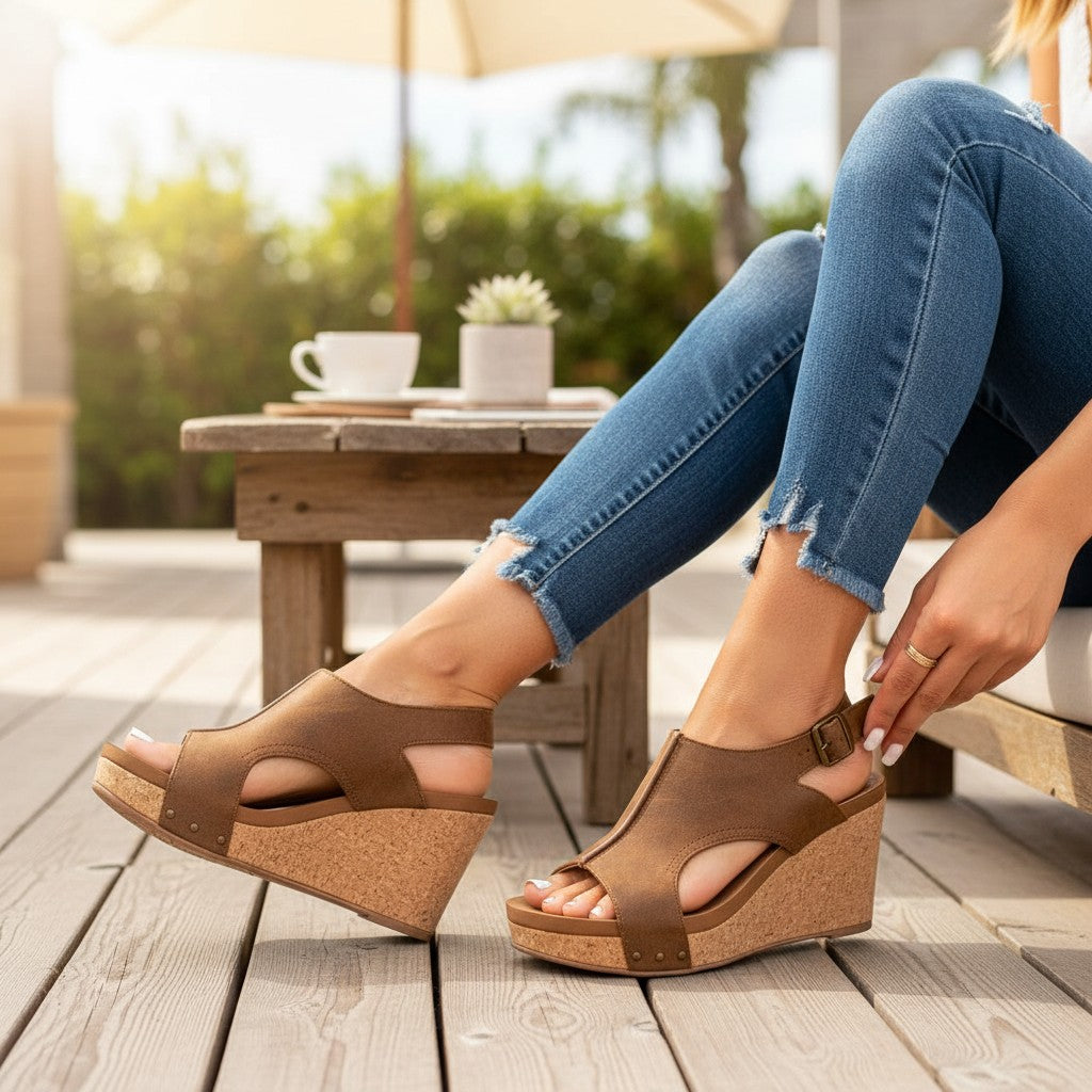 Brown distressed leather open-toe wedge sandals with ankle strap