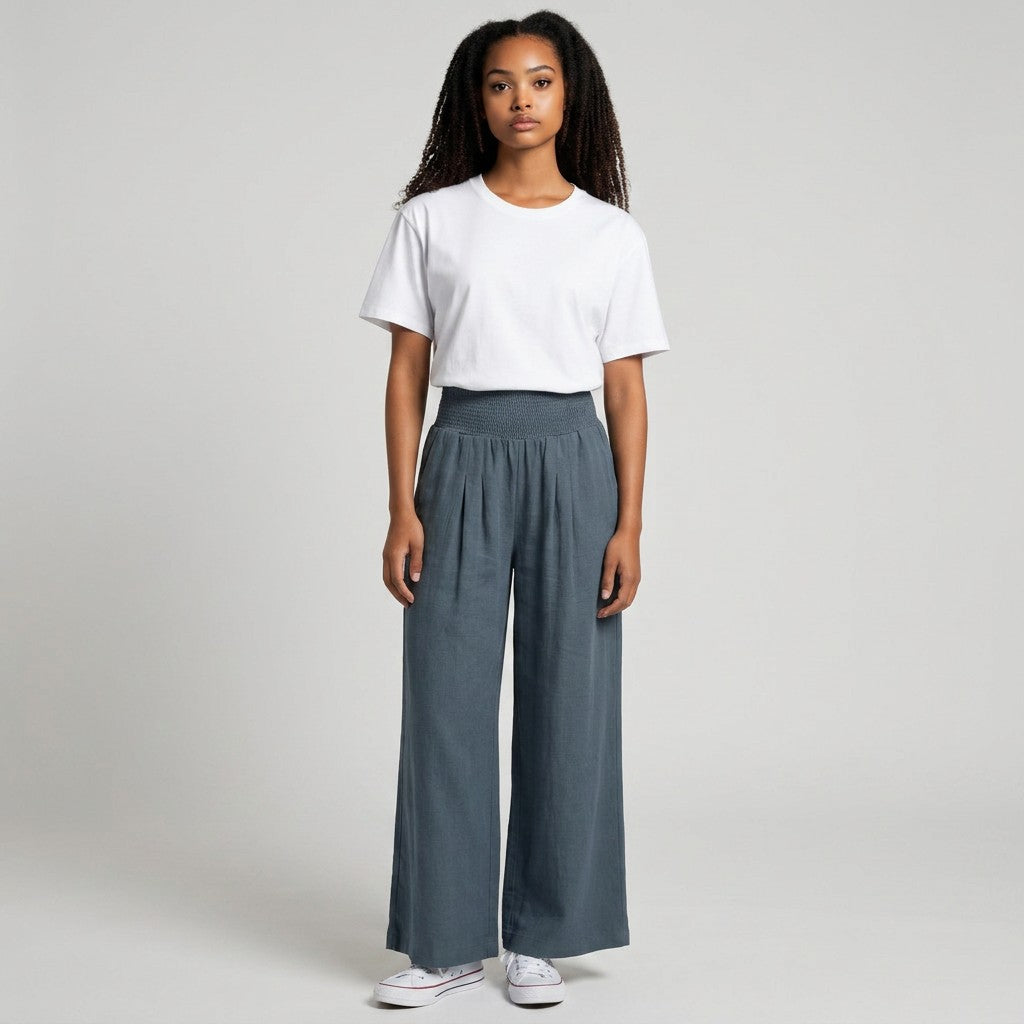 Blue-gray smocked high-waist wide-leg pants with gathered elastic waistband