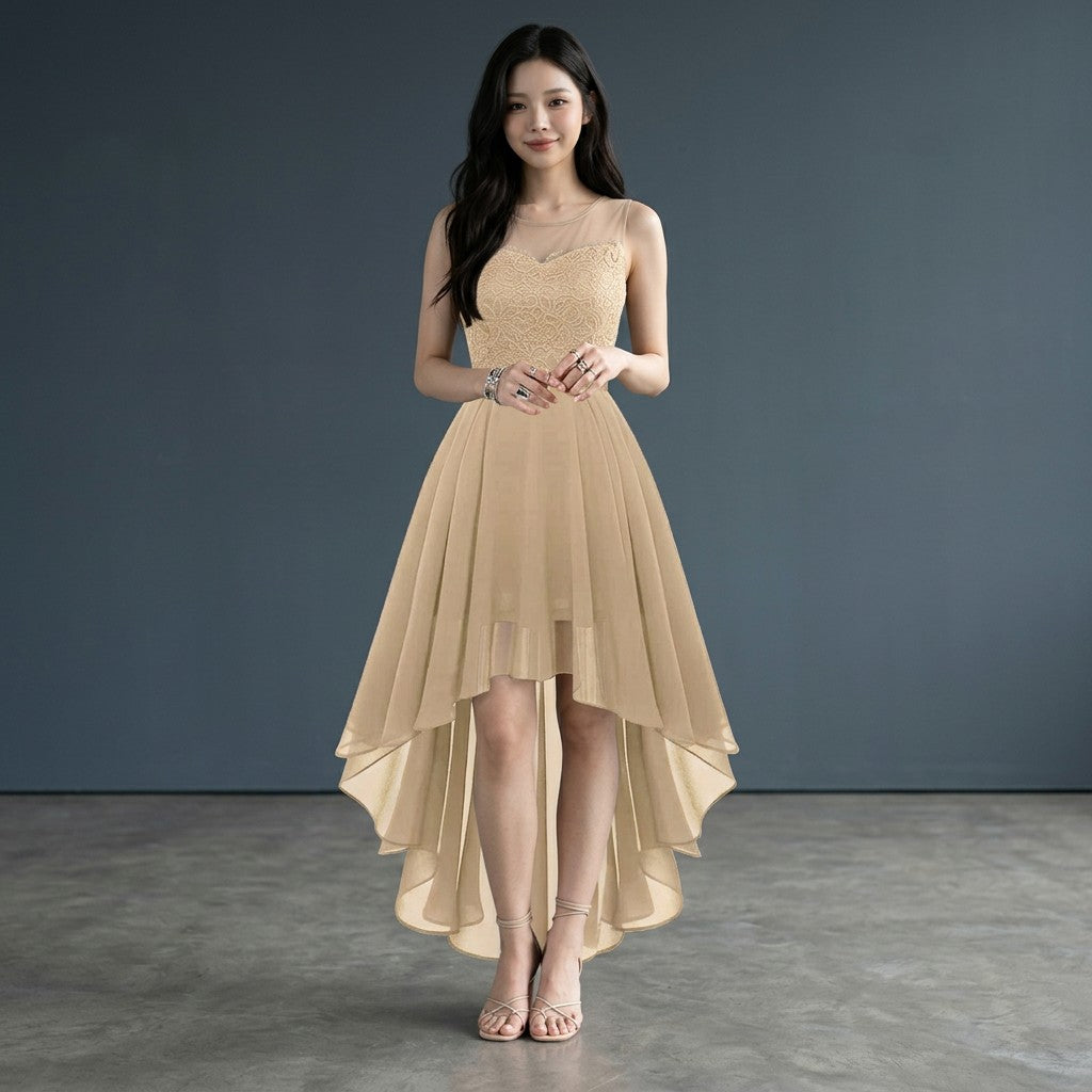 Gold sleeveless high-low cocktail dress with lace bodice and layered chiffon hem