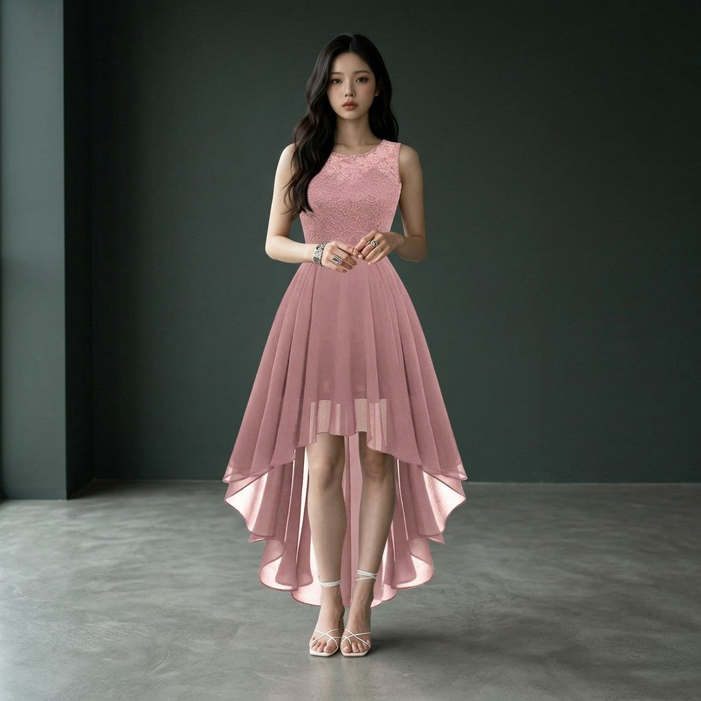 Pink sleeveless high-low cocktail dress with lace bodice and flowing chiffon skirt