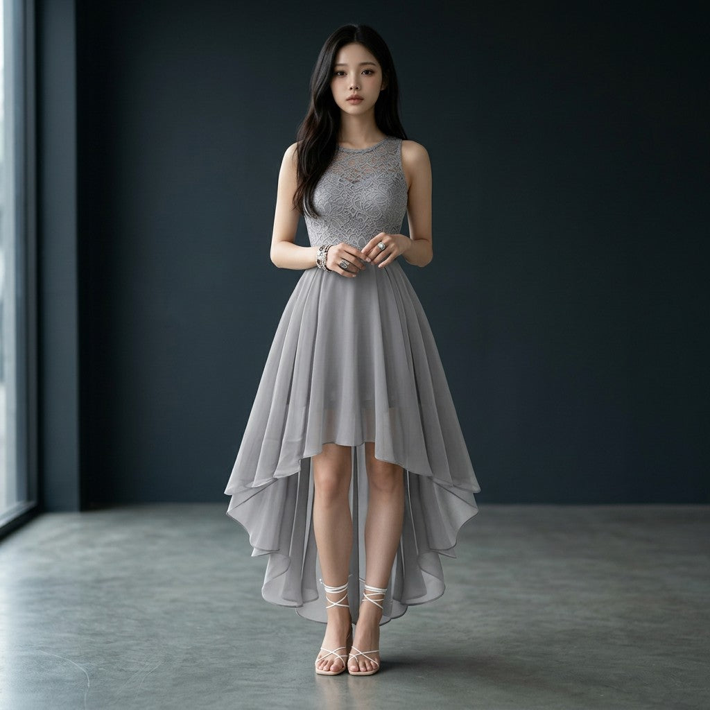 Grey sleeveless high-low cocktail dress with lace bodice and asymmetrical chiffon hem