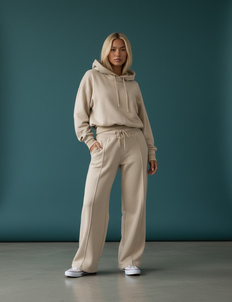 Beige relaxed-fit tracksuit: pullover hoodie with drawstrings and wide-leg drawstring pants