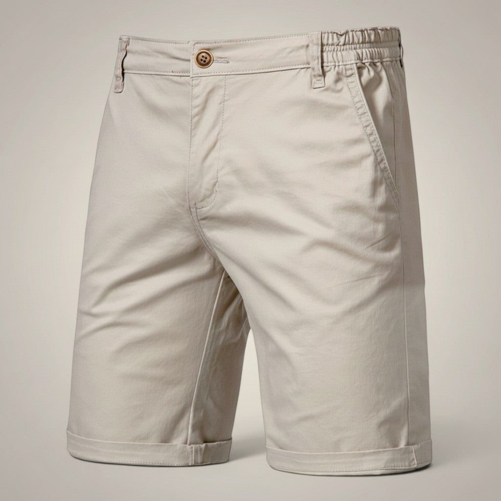 Men's chino shorts in beige, back view with waistband and patch pockets