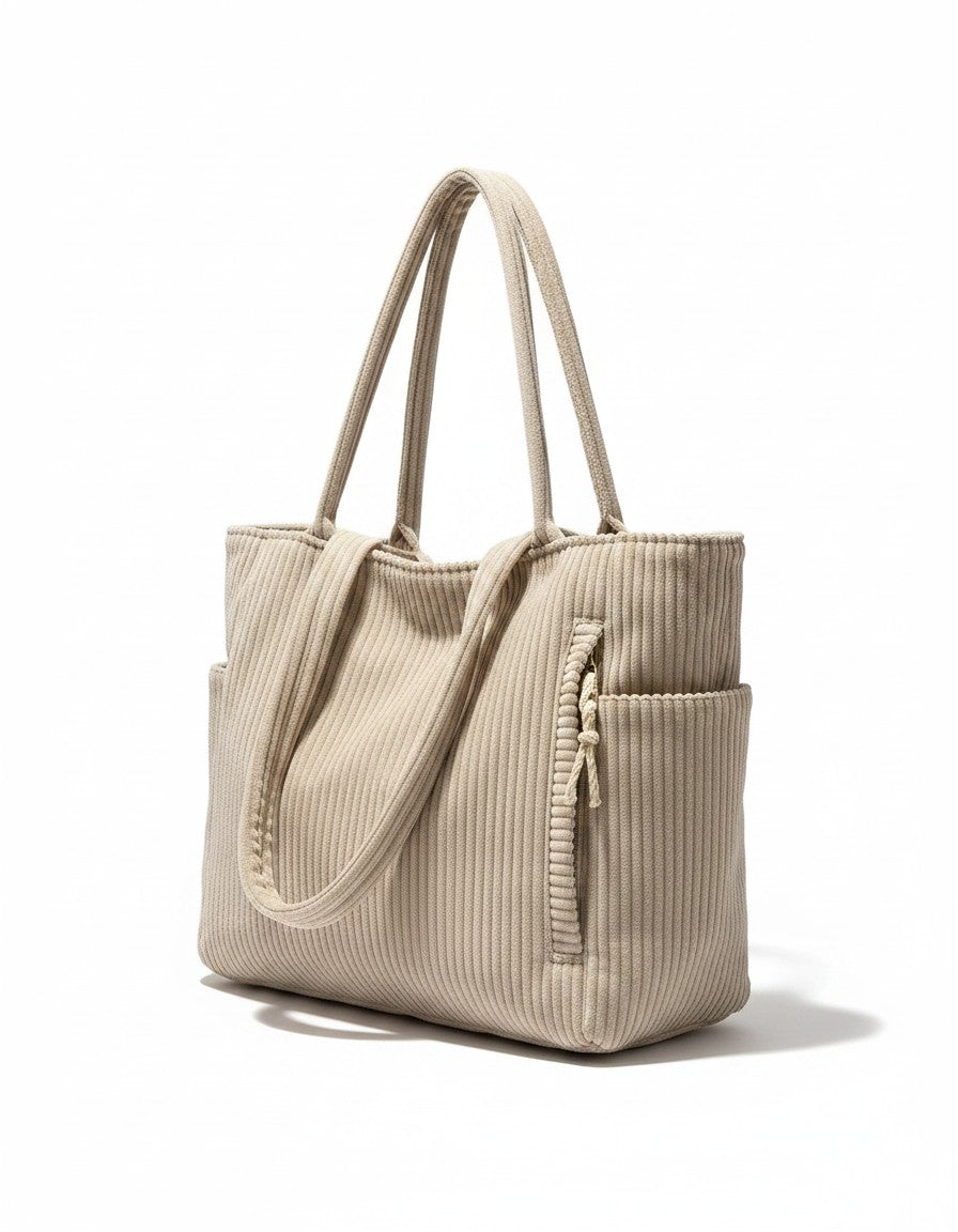 Corduroy tote bag in beige with ribbed fabric, two top handles, and front pocket
