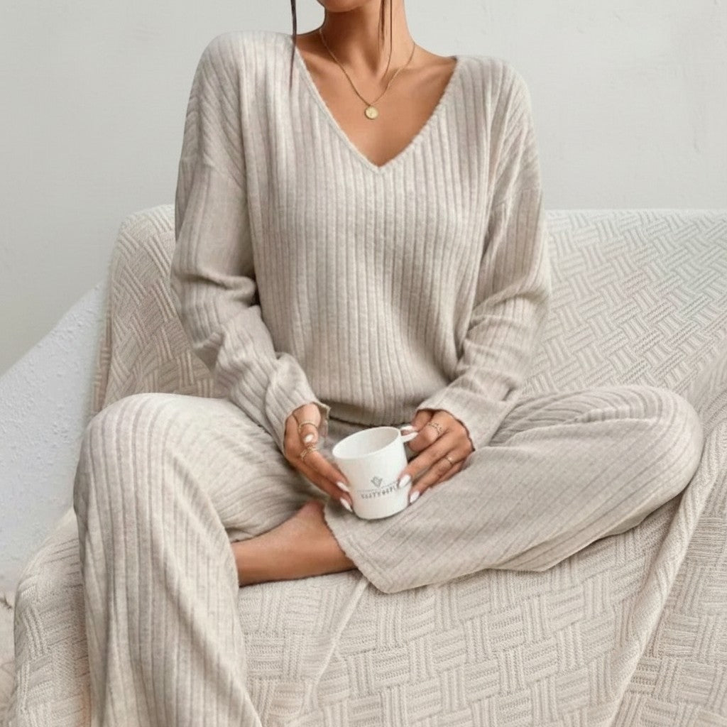 BENJAMIN LONDON women's beige ribbed knit V-neck loungewear set with wide leg pants, relaxed fit.