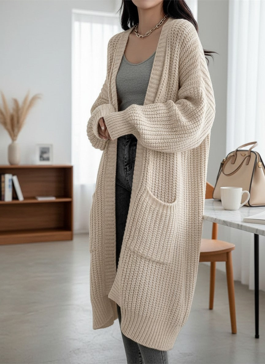 Women's long knitted cardigan, beige, open-front with patch pockets and ribbed cuffs