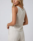Sleeveless linen-blend tank top with scoop back and draped front, light cream