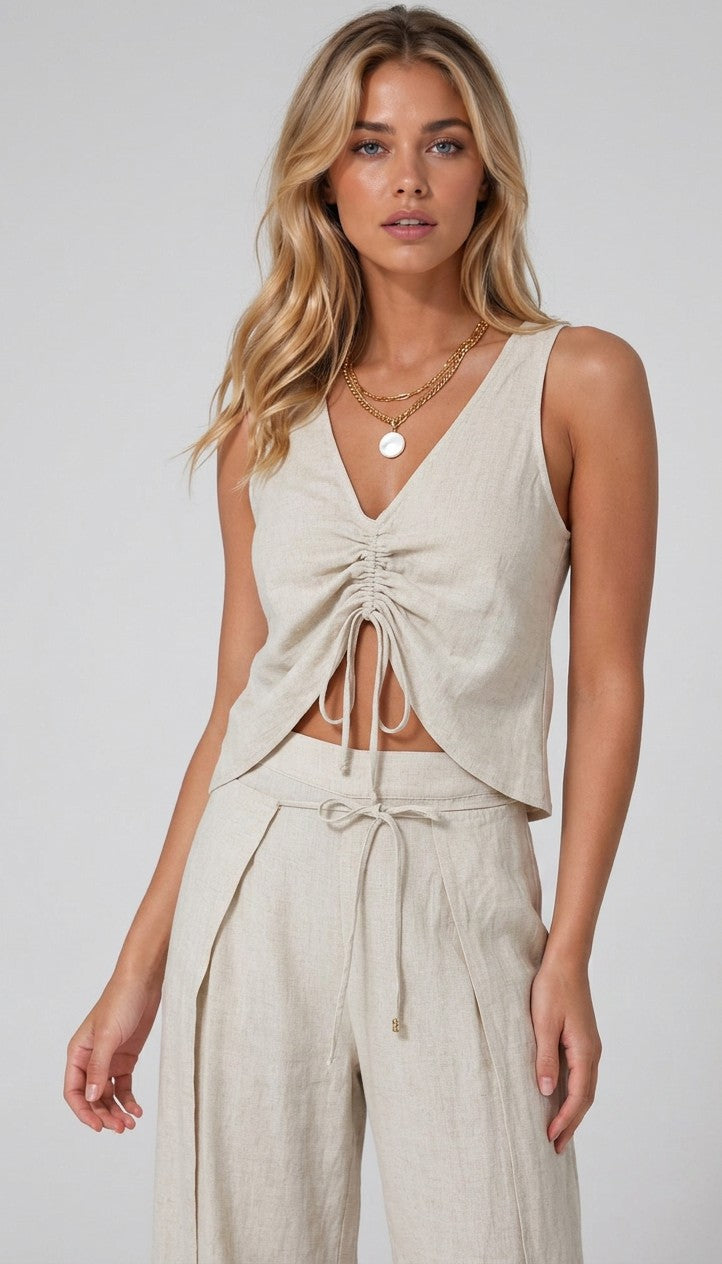 Cropped linen-blend tank top with V-neck ruched tie front, sleeveless, light cream