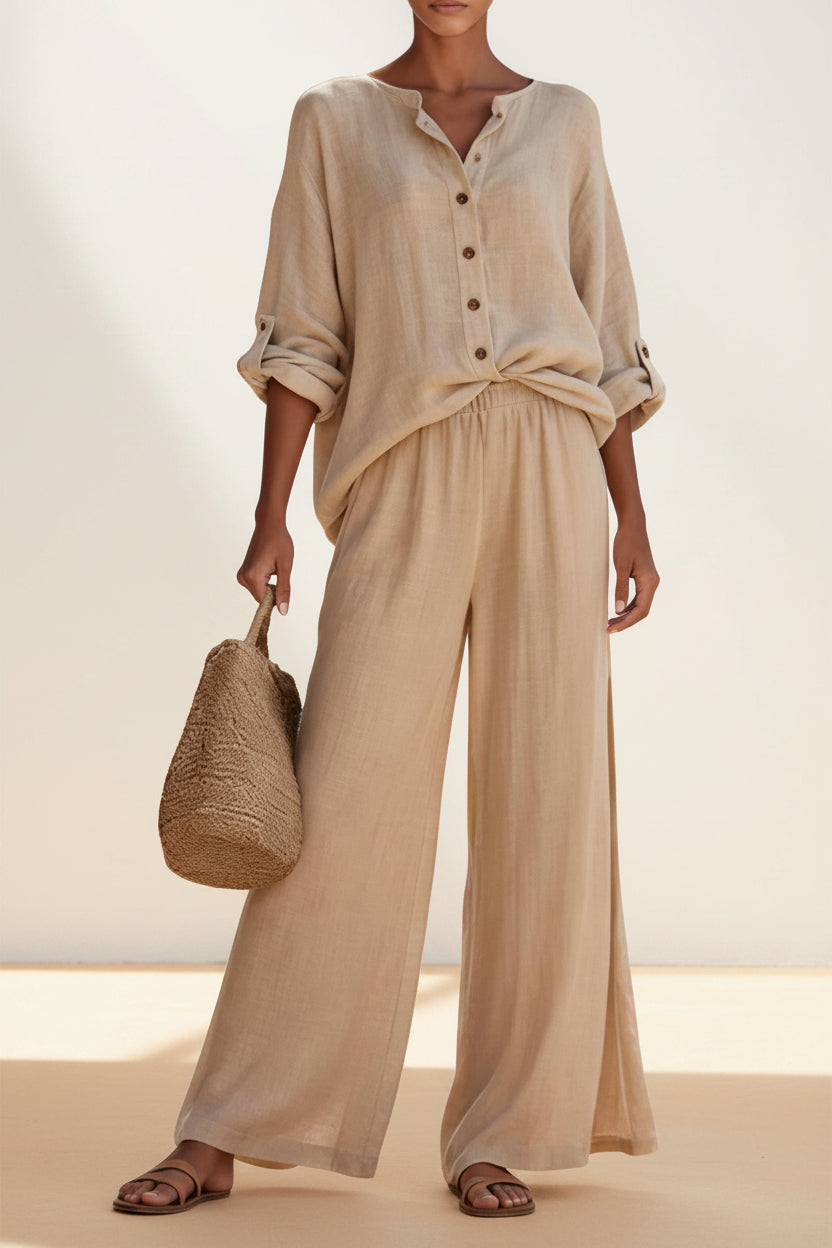 BENJAMIN LONDON women's relaxed beige linen-blend button-front blouse and wide-leg trousers set with rolled sleeves.