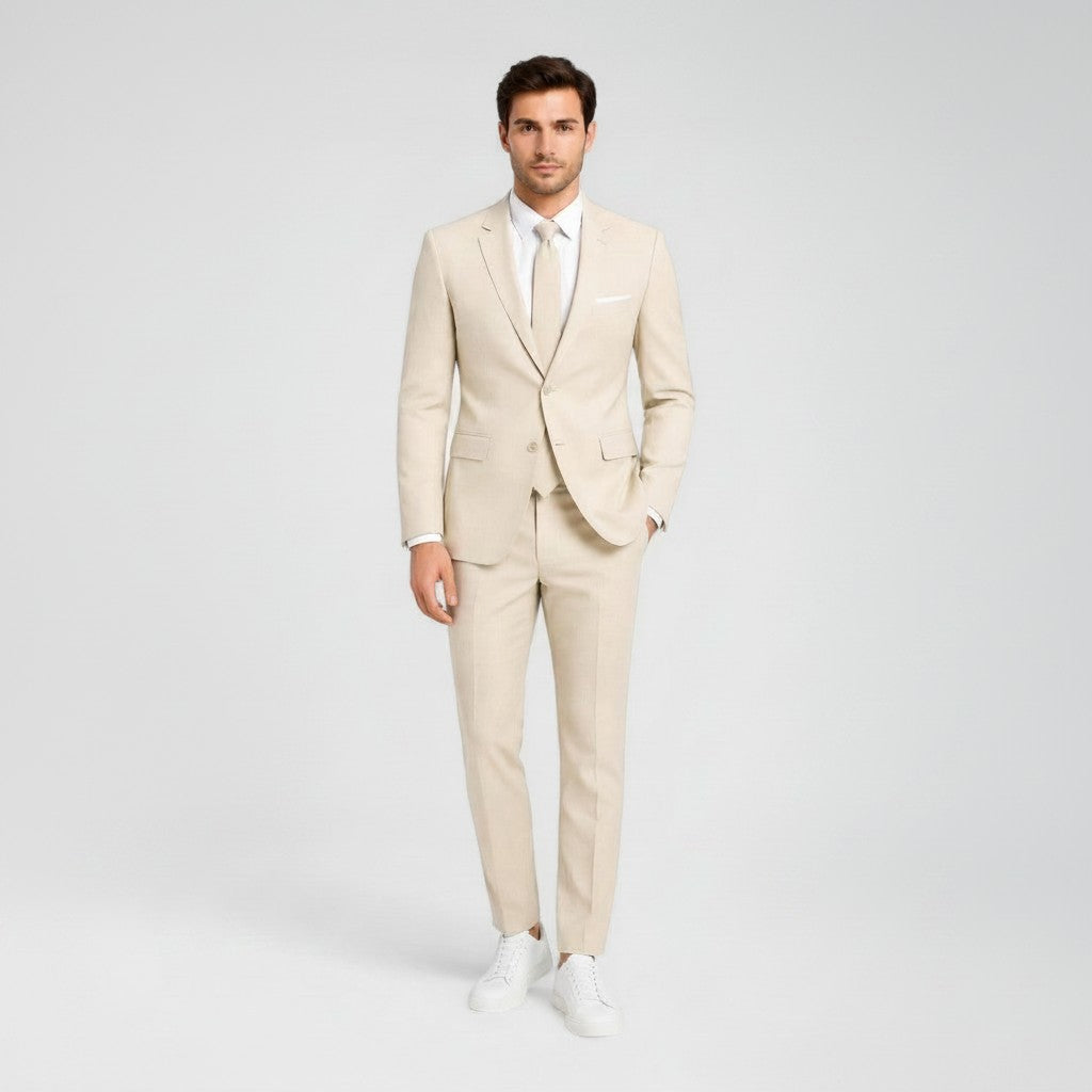 Light beige men's slim-fit linen suit, blazer and trousers, front full-body view.