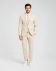 Light beige men's slim-fit linen suit, blazer and trousers, front full-body view.