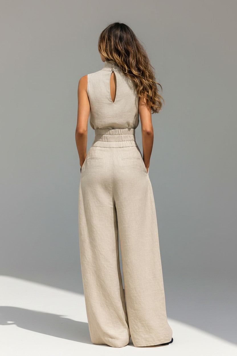 BENJAMIN LONDON women's beige linen blend sleeveless high neck tank top and wide leg pants set