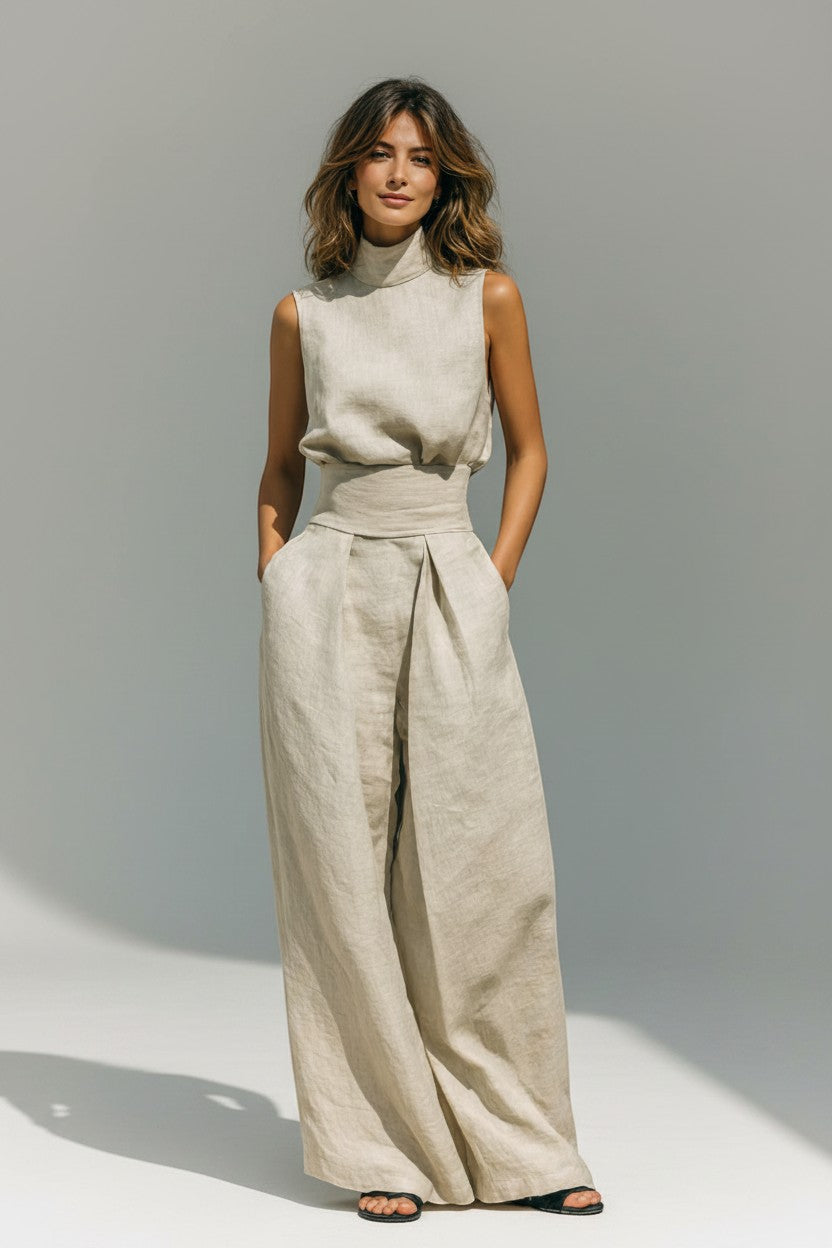 BENJAMIN LONDON beige linen tank top and wide-leg pants set with high neck and cinched waist.