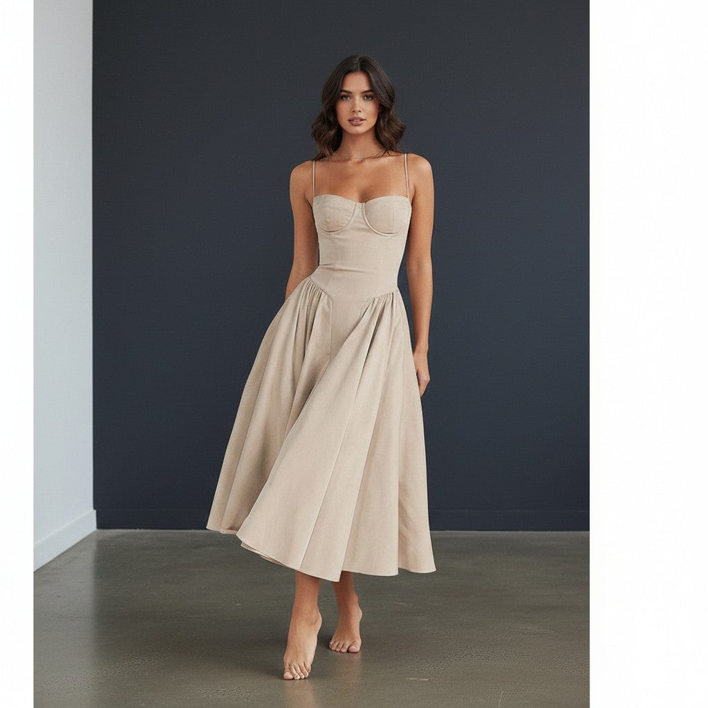 Beige fitted midi dress with adjustable spaghetti straps and gathered full skirt