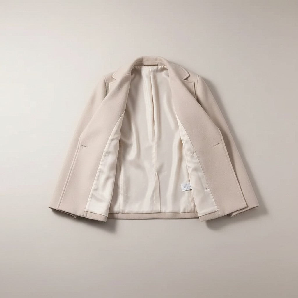 Beige double-breasted jacket laid open, showing lining, lapels, and inner placket