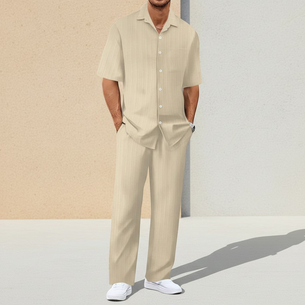 Khaki striped short-sleeve cardigan and matching trousers set