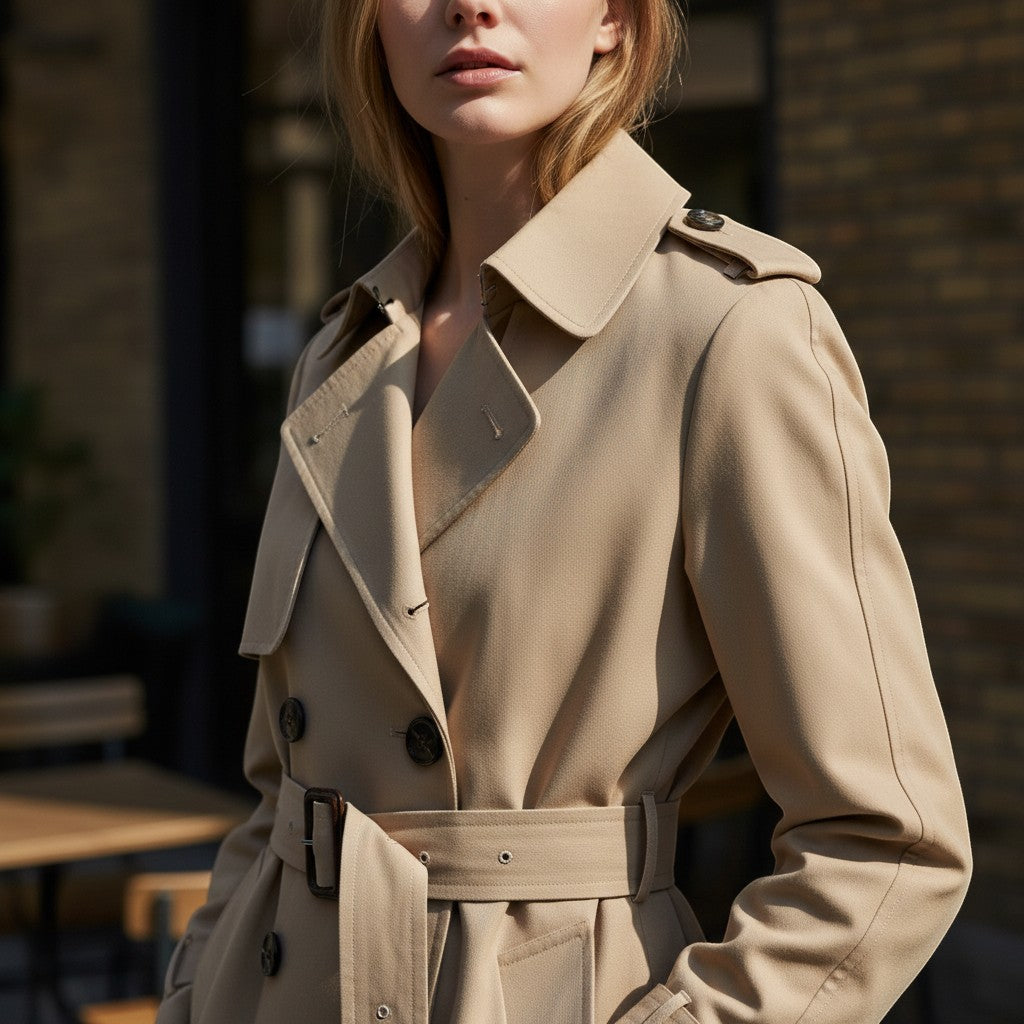 Beige trench coat detail view with wide collar, double-breasted buttons, and waist belt.