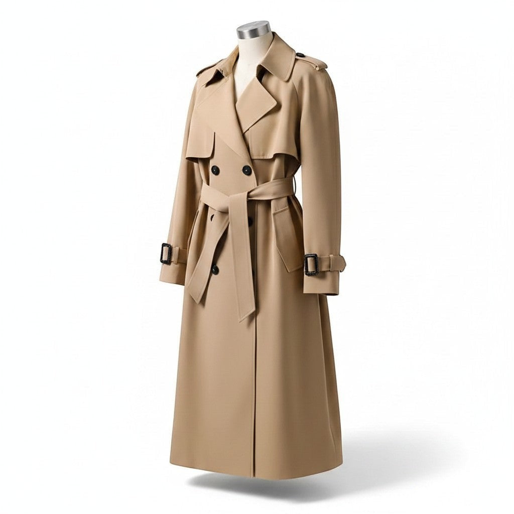 Beige women’s trench coat on mannequin with belted waist, epaulets, and buttoned placket.