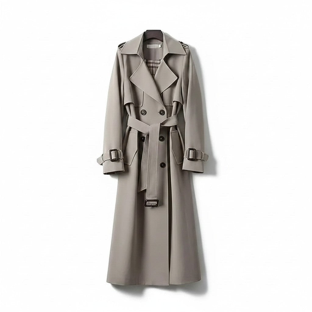 Taupe trench coat with double-breasted buttons, belted waist, and flap shoulder accents.