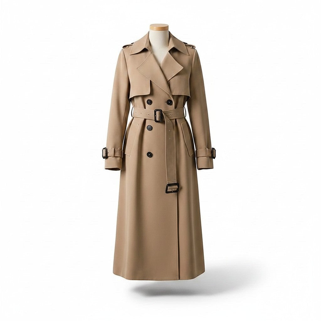 Beige long trench coat with belted waist, shoulder epaulets, and double-breasted buttons.