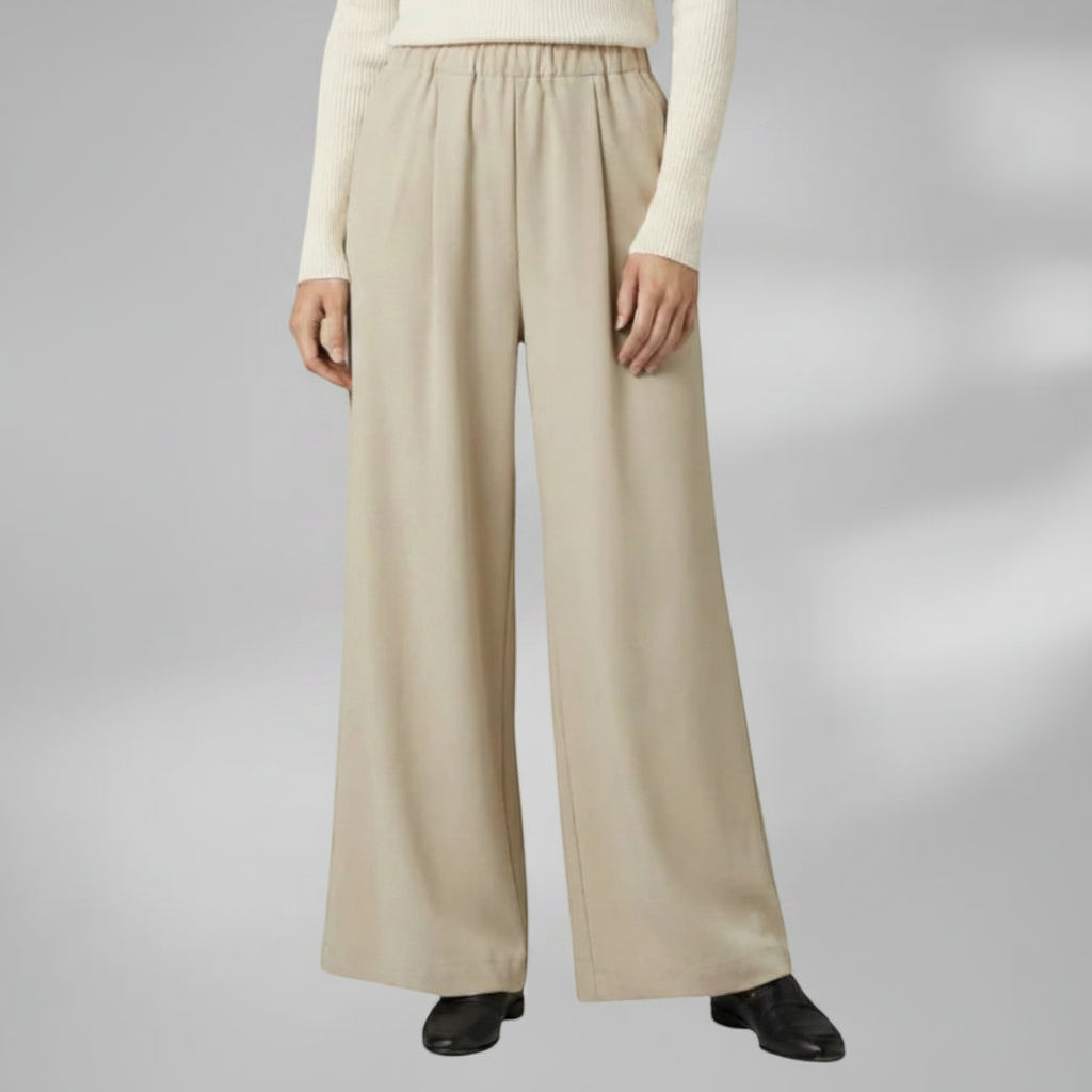 Wide-leg trousers with elastic waist, light beige, pleated front