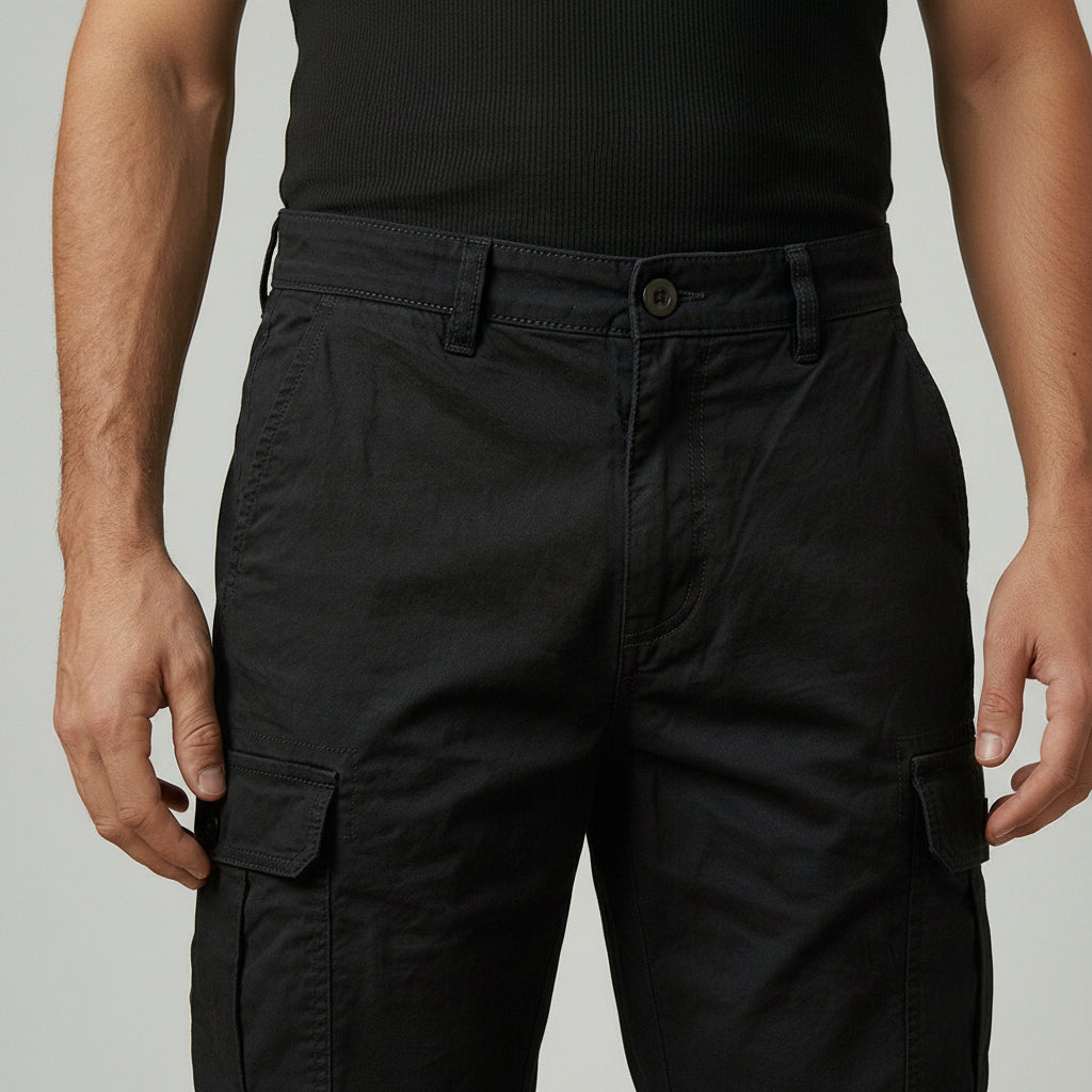 Men's black cargo shorts with front seam and two side cargo pockets