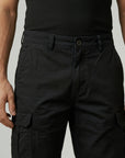 Men's black cargo shorts with front seam and two side cargo pockets