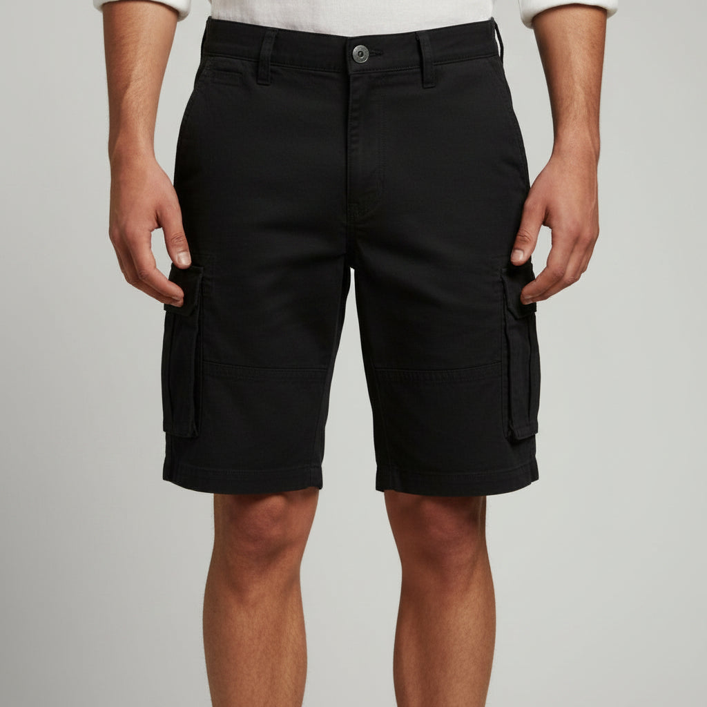Men's black cargo shorts with side flap pockets and belt loops