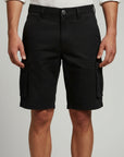 Men's black cargo shorts with side flap pockets and belt loops