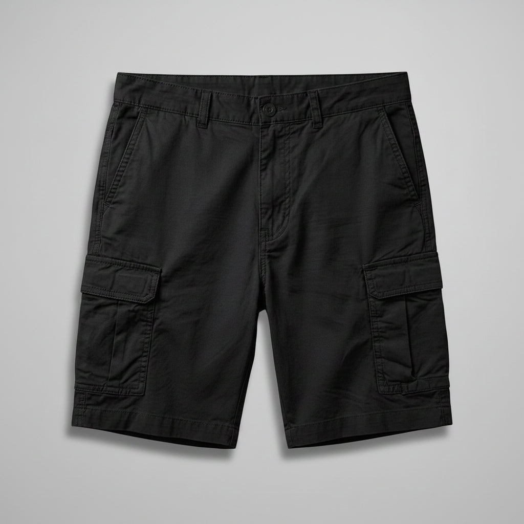Men's black cargo shorts with flat front and multiple cargo pockets