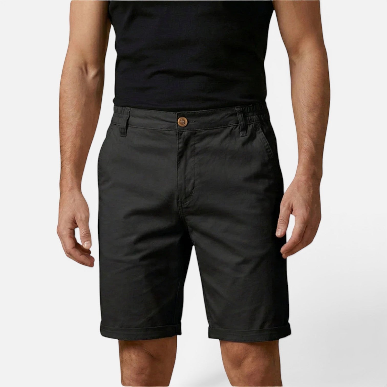 Men's chino shorts in black, relaxed fit, button fly, front slant pockets