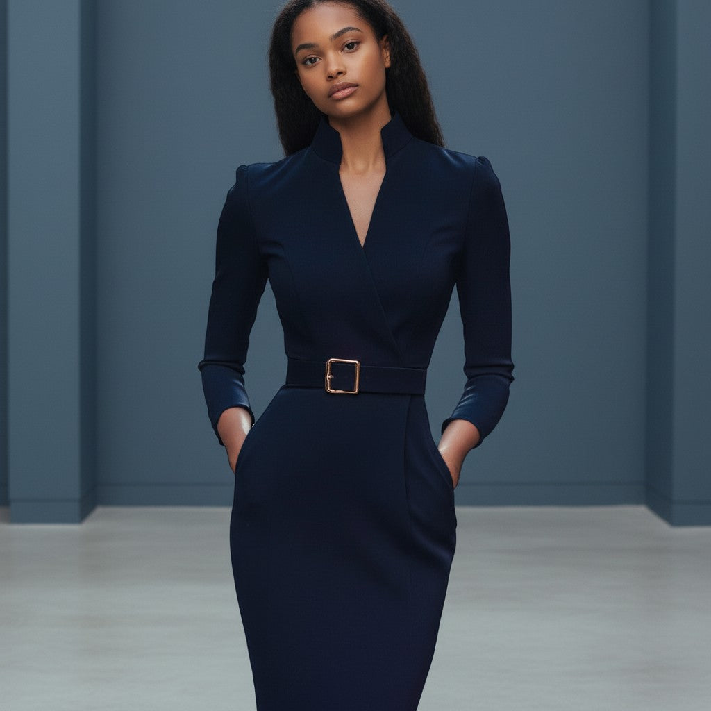 Women's cocktail dress, V-neck, long sleeves, fitted with waist belt, dark navy