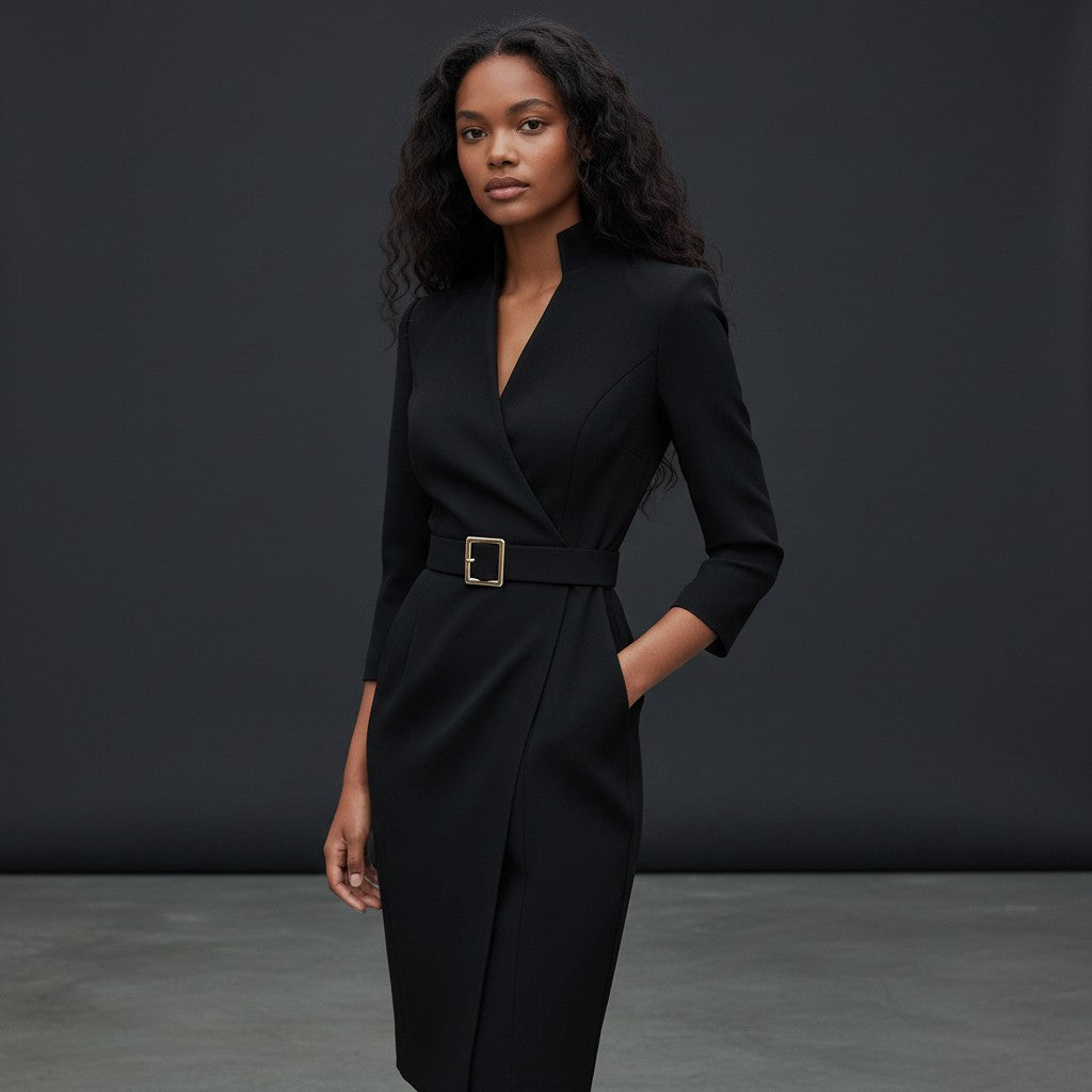 Women's cocktail dress, V-neck, long sleeves, fitted with waist belt, black