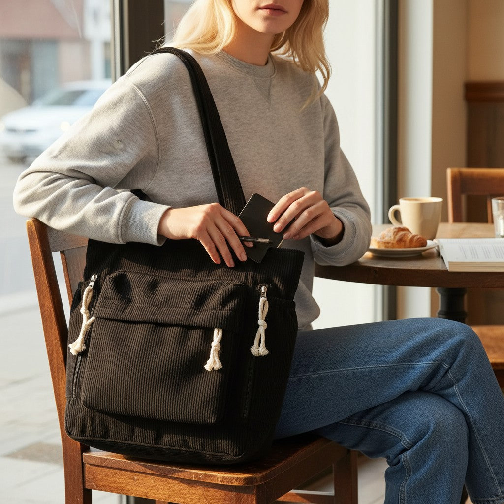 Dark corduroy tote bag with tassel zipper pulls and front pocket