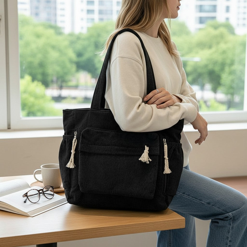 Black corduroy tote bag with tassel accents, zip-close pockets
