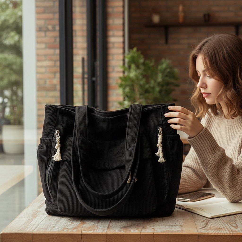 Black corduroy tote bag with front pocket and dangling tassels