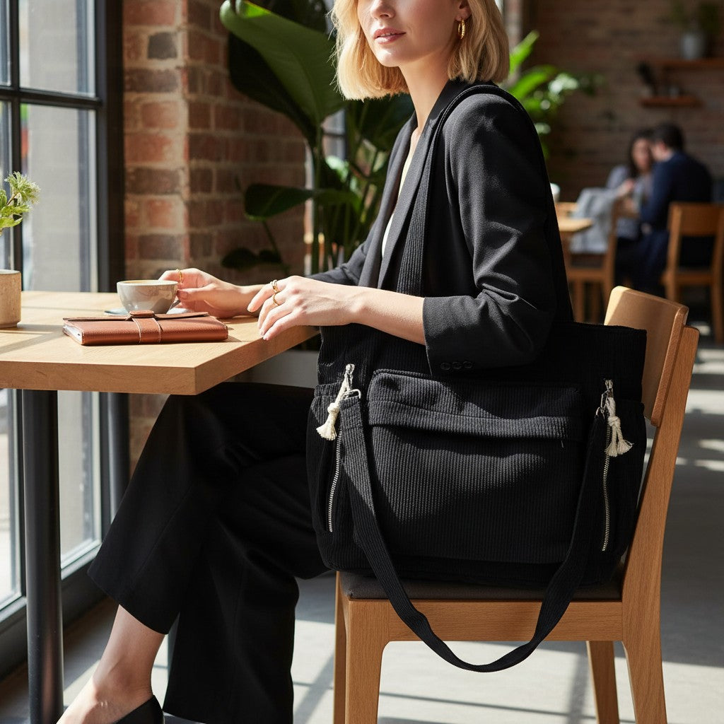 Black corduroy tote bag with tassel zipper pulls and wide shoulder strap