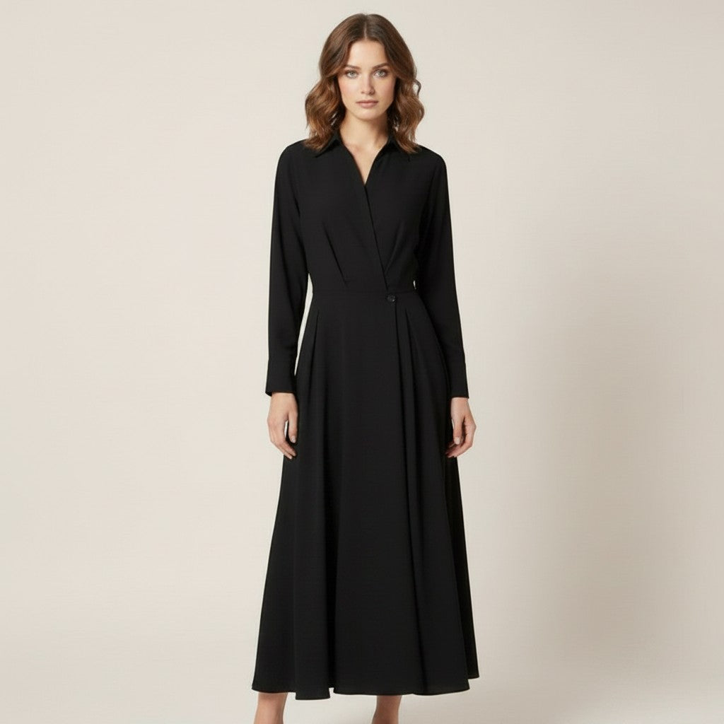 Black midi shirt dress with long sleeves, button front, and fitted waist