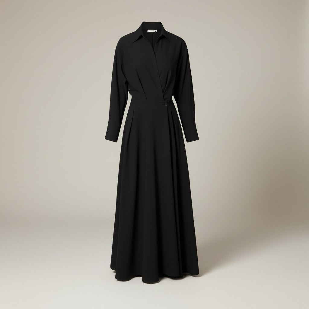 Elegant | Women's Black Dress with Collared Neckline | A-Line Midi Dress for Effortless Style 6
